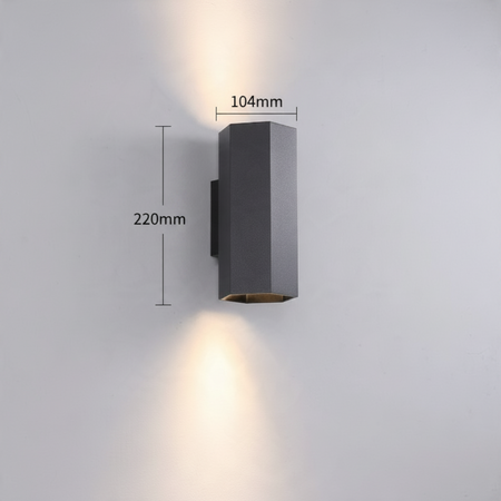 Ultra Beam Lighting Ltd black hexagonal up and down wall light with dimensions shown on a plain background