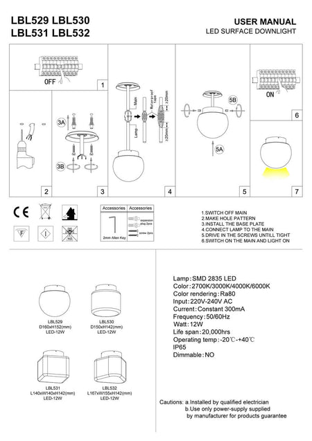 Ultra Beam Lighting Ltd installation manual for 12W LED square and round outdoor ceiling light fixtures