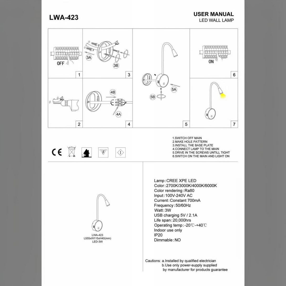 Ultra Beam Lighting Ltd technical installation diagram for a 3 watt flexible LED reading lamp with USB charging ports