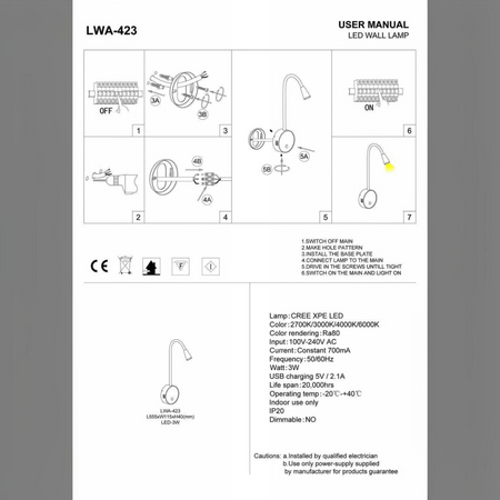 Ultra Beam Lighting Ltd technical installation diagram for a 3 watt flexible LED reading lamp with USB charging ports