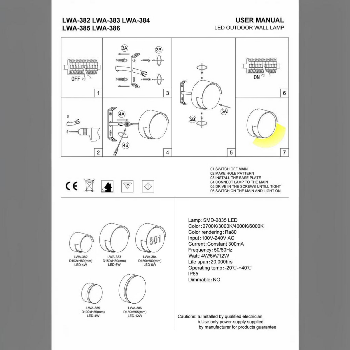 Ultra Beam Lighting Ltd installation manual for LWA series round LED outdoor wall lamps with technical specifications