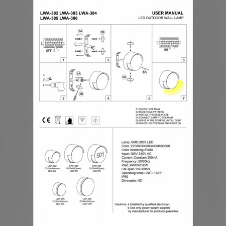 Ultra Beam Lighting Ltd installation manual for LWA series round LED outdoor wall lamps with technical specifications