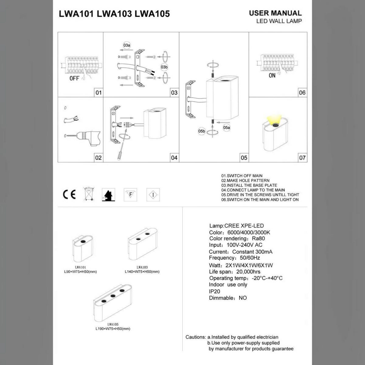 Ultra Beam Lighting Ltd installation manual for brushed aluminium LED wall light showing mounting and wiring steps