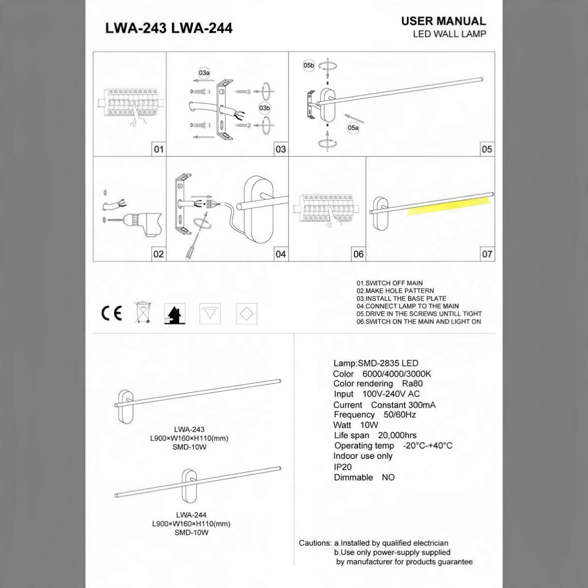 Ultra Beam Lighting Ltd LWA243 and LWA244 LED wall light installation manual and technical specifications diagram