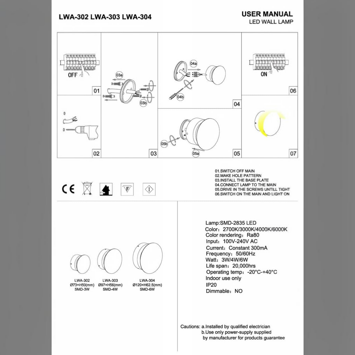 Ultra Beam Lighting Ltd round LED wall light installation manual showing wiring steps and technical specifications