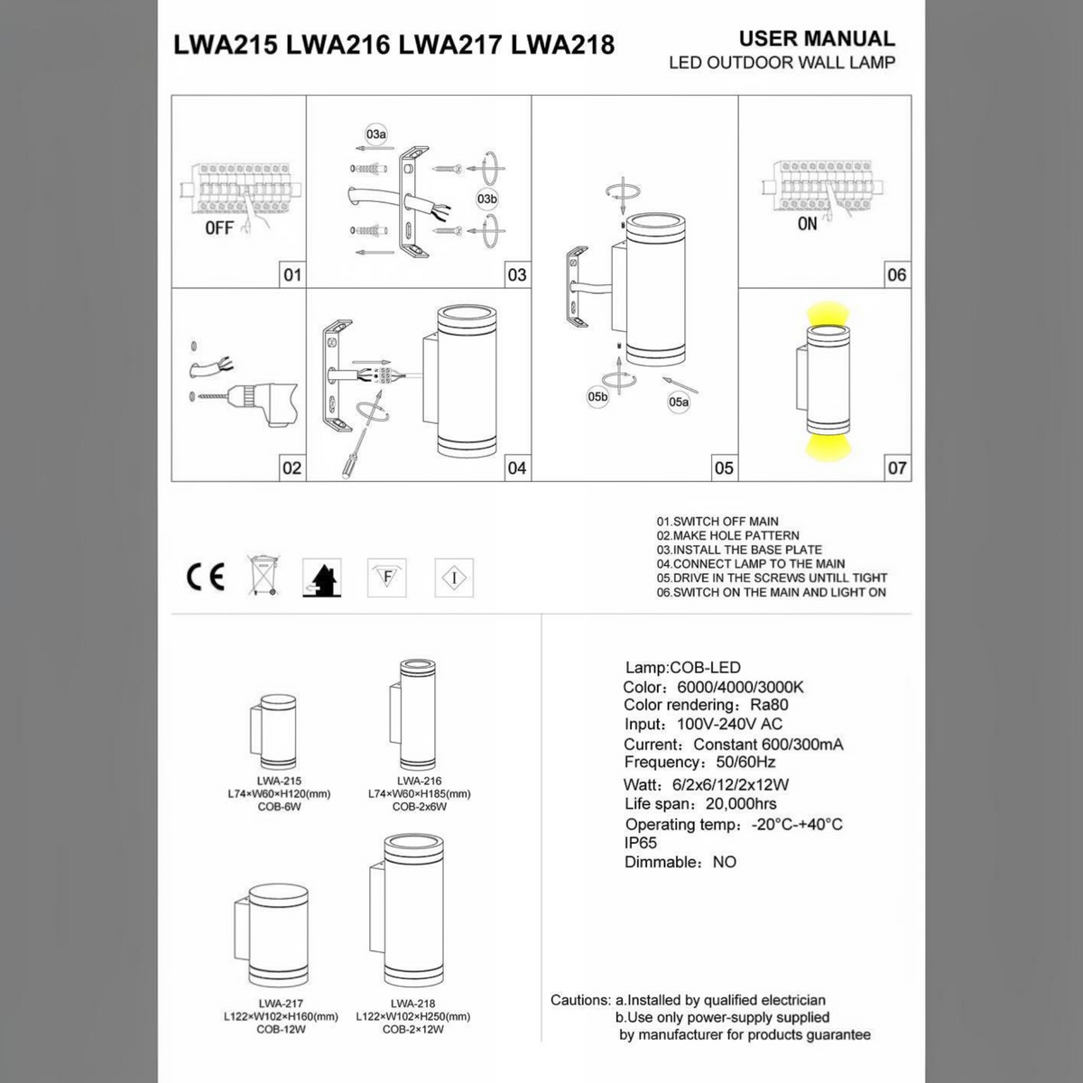 Ultra Beam Lighting Ltd installation manual for LWA216 black outdoor LED up and down wall light with technical specs