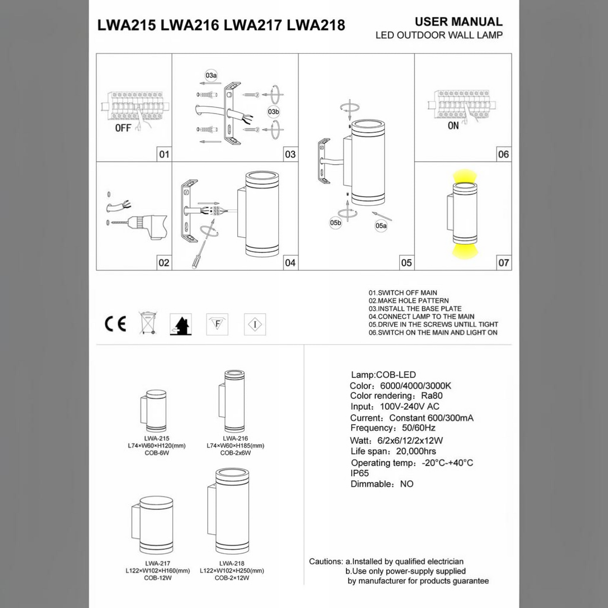 Ultra Beam Lighting Ltd technical installation manual for LWA217 12W LED black outdoor wall downlight fixture