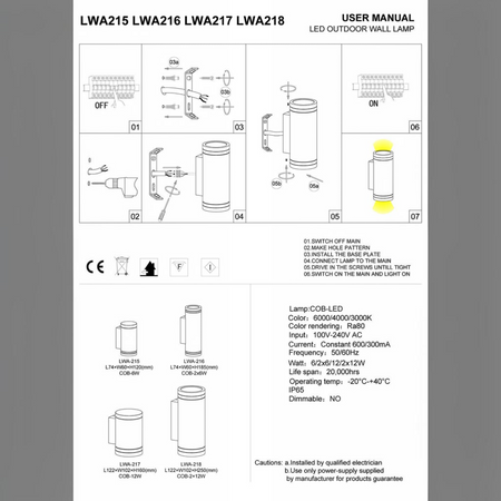 Ultra Beam Lighting Ltd technical installation manual for LWA217 12W LED black outdoor wall downlight fixture