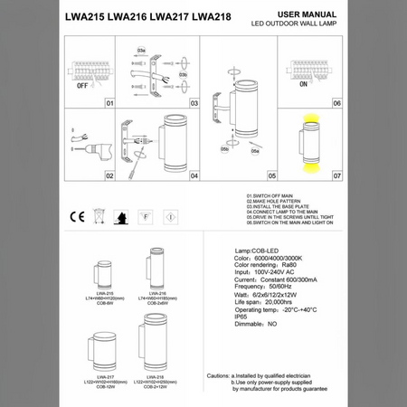 Ultra Beam Lighting Ltd technical installation manual for LWA series outdoor LED wall downlight fixtures