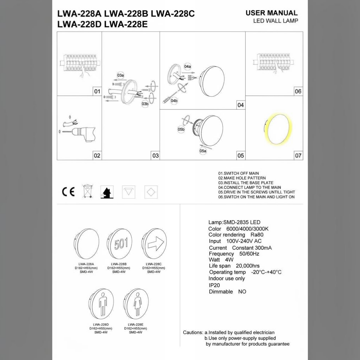 Ultra Beam Lighting Ltd installation manual for LWA-228 series round LED wall sconce showing wiring and mounting steps