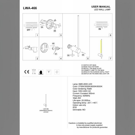 Ultra Beam Lighting Ltd LWA466 6W LED wall sconce installation manual with technical specifications and diagrams