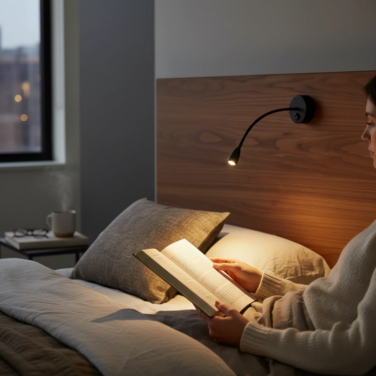 Ultra Beam Lighting Ltd Nero black LED gooseneck reading light mounted above a bed with a person reading a book