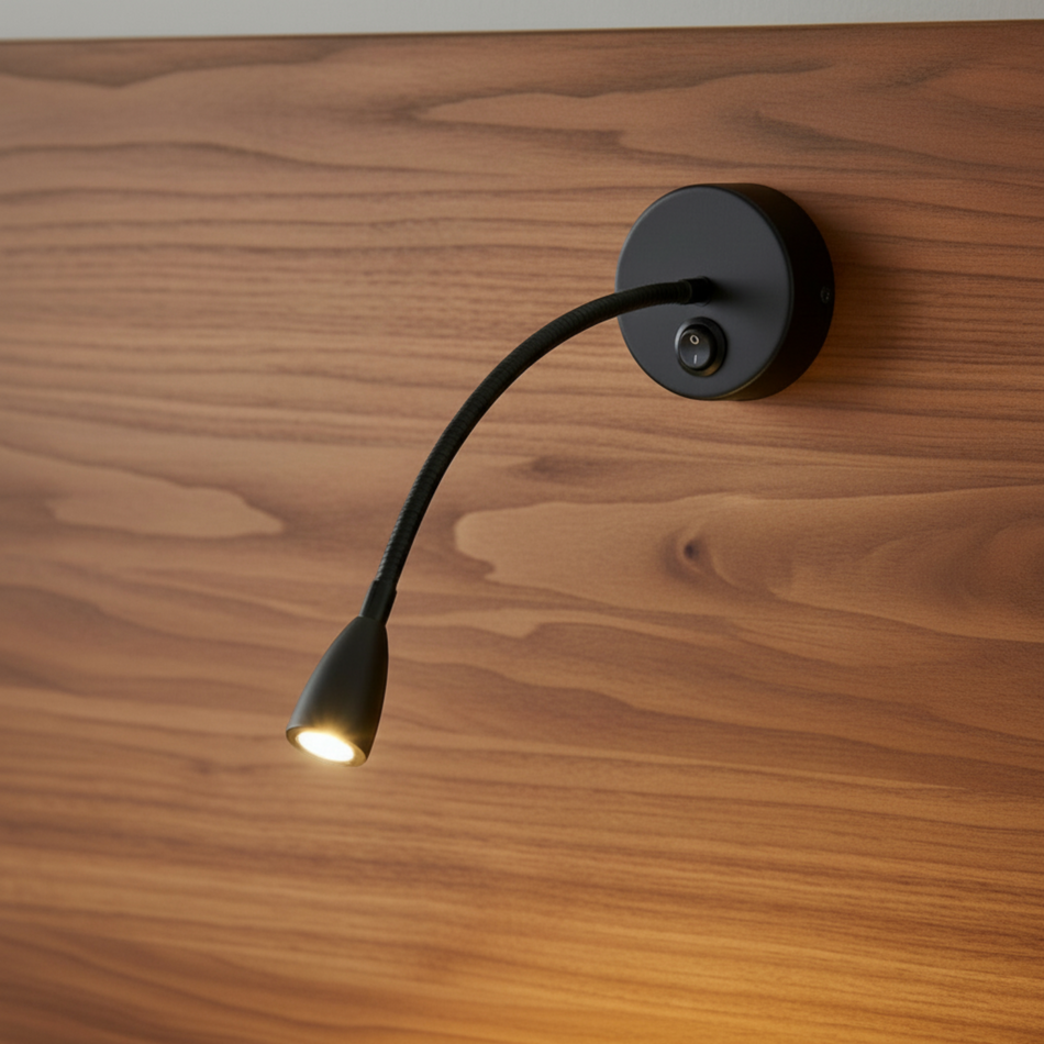 Ultra Beam Lighting Ltd Nero black LED gooseneck reading light mounted on a wooden headboard with an on-off switch.