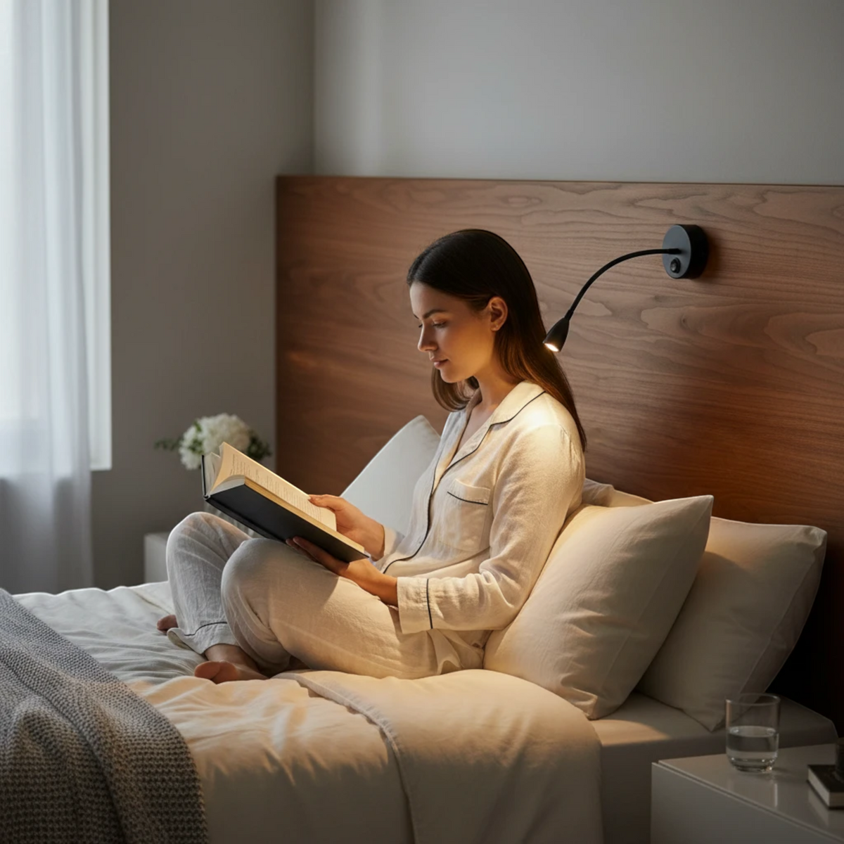 Ultra Beam Lighting Ltd Nero black LED gooseneck reading light mounted on a wooden headboard above a woman reading
