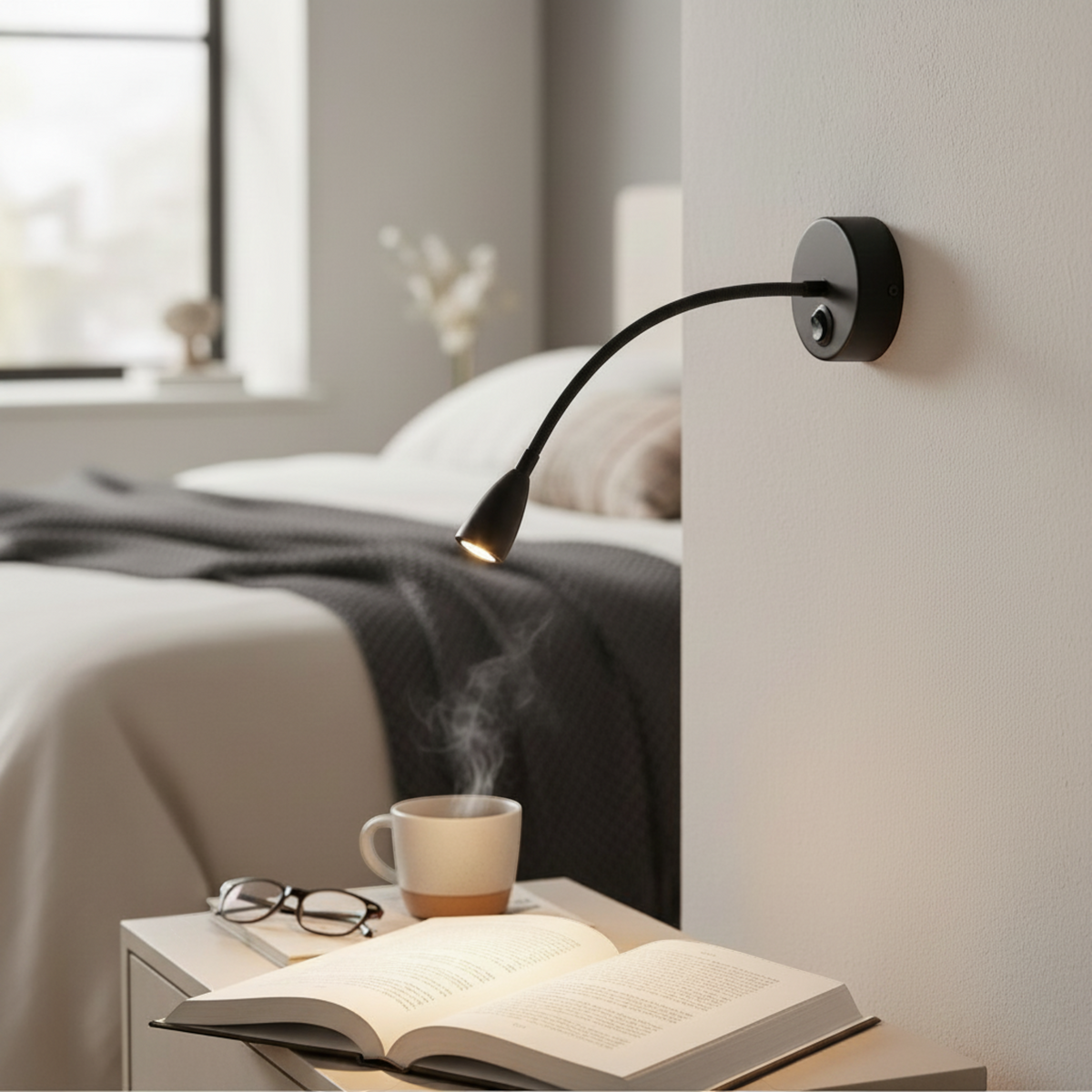 Ultra Beam Lighting Ltd Nero black LED gooseneck reading light mounted on a bedroom wall above a book and coffee cup.