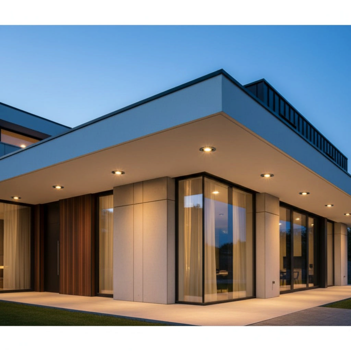 Ultra Beam Lighting Ltd Onyx black LED downlights installed in a modern home outdoor soffit at dusk
