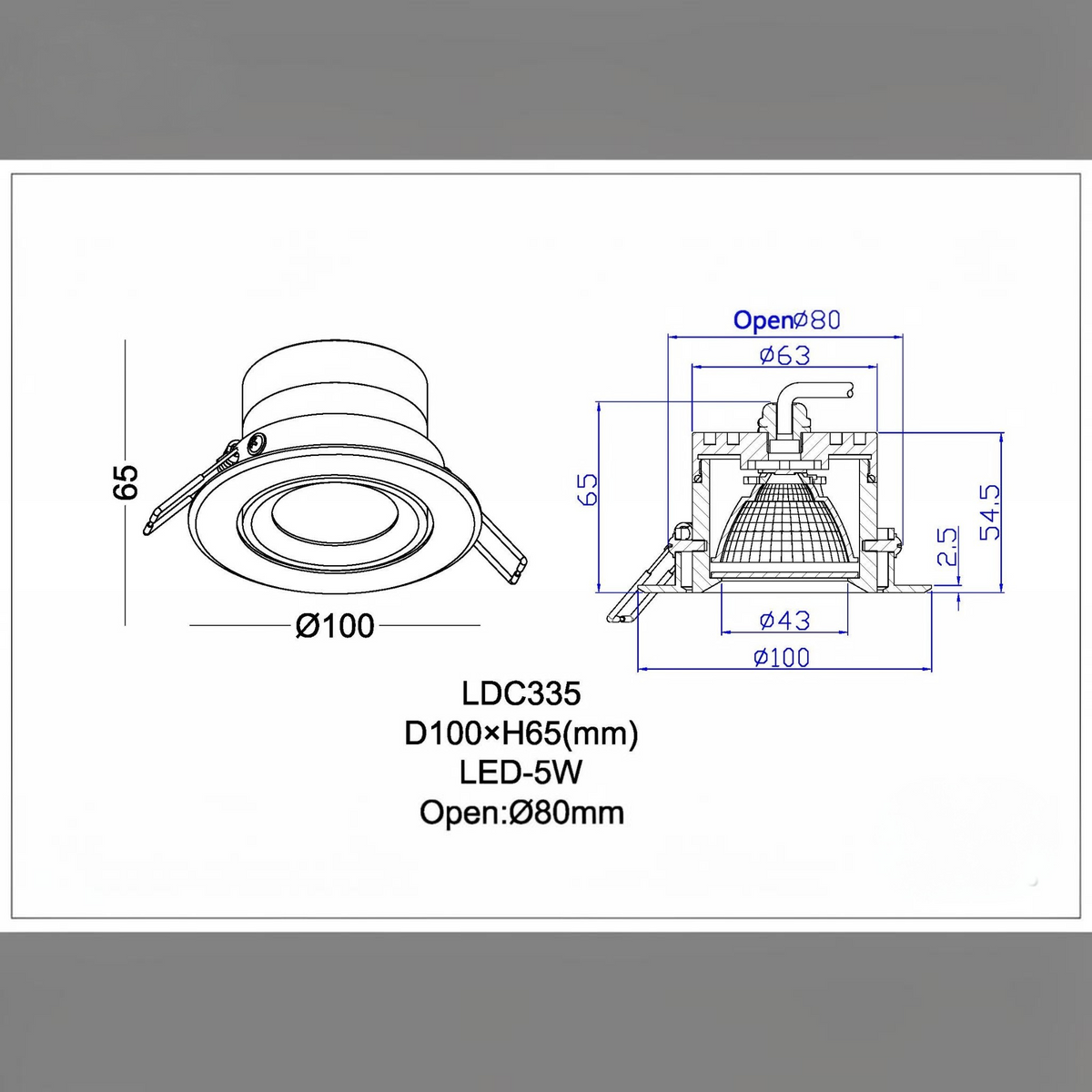 Ultra Beam Lighting Ltd Onyx 6W black LED downlight technical diagram showing dimensions and recessed mounting details