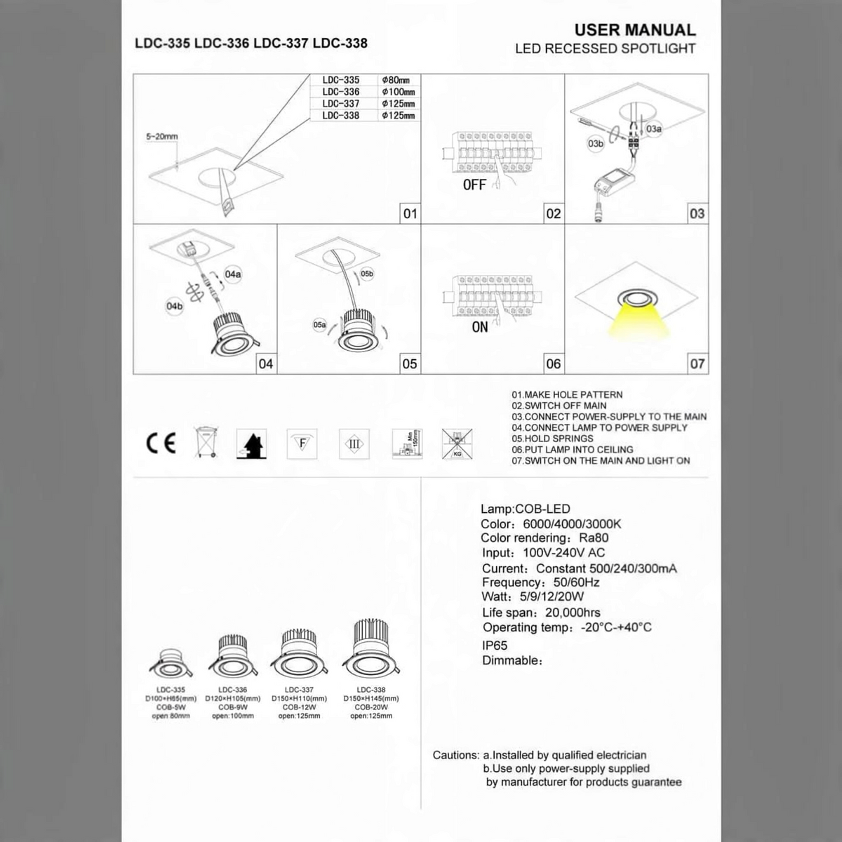Ultra Beam Lighting Ltd Onyx LED downlight installation manual showing technical diagrams and specifications