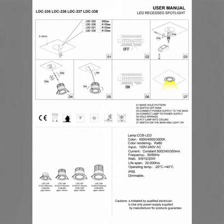 Ultra Beam Lighting Ltd Onyx LED downlight installation manual showing technical diagrams and specifications