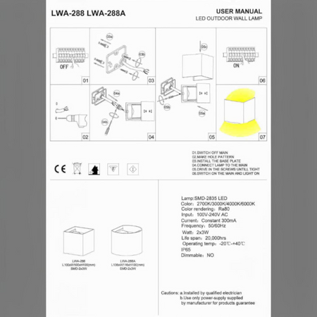 Ultra Beam Lighting Ltd installation manual for 6 watt LED up and down outdoor wall light with technical specifications.