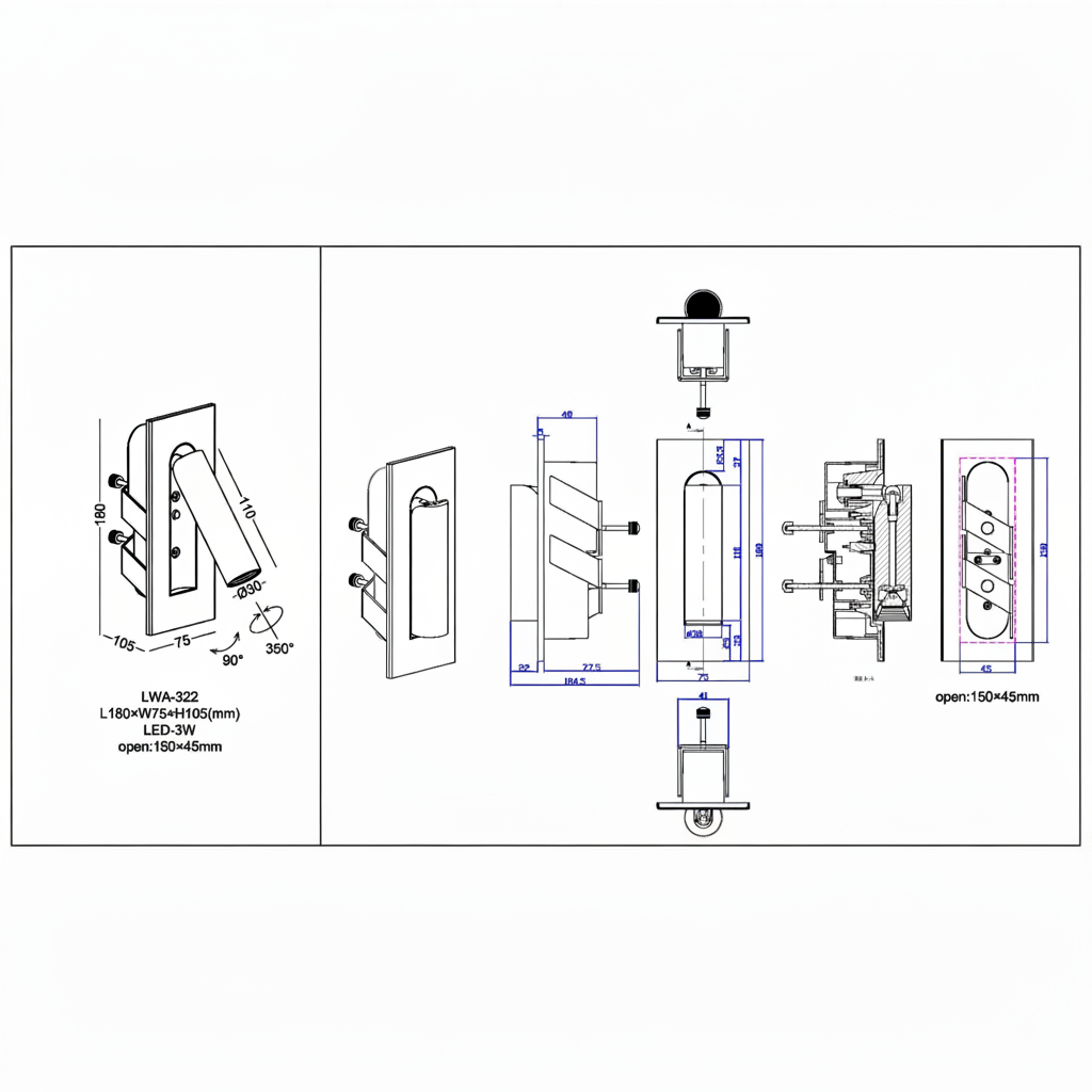 Ultra Beam Lighting Ltd technical drawing of a 3 watt black recessed adjustable LED reading wall light with dimensions.