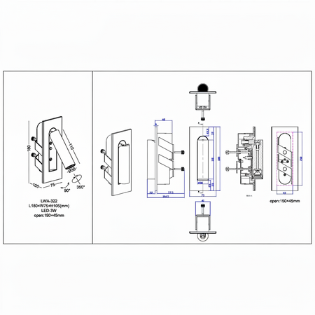 Ultra Beam Lighting Ltd technical drawing of a 3 watt black recessed adjustable LED reading wall light with dimensions.
