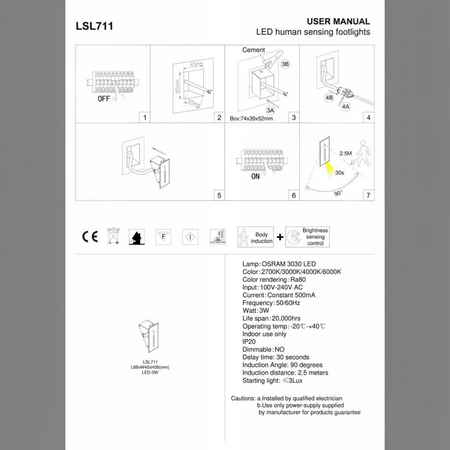 Ultra Beam Lighting Ltd white recessed LED step light technical installation manual and specifications diagram