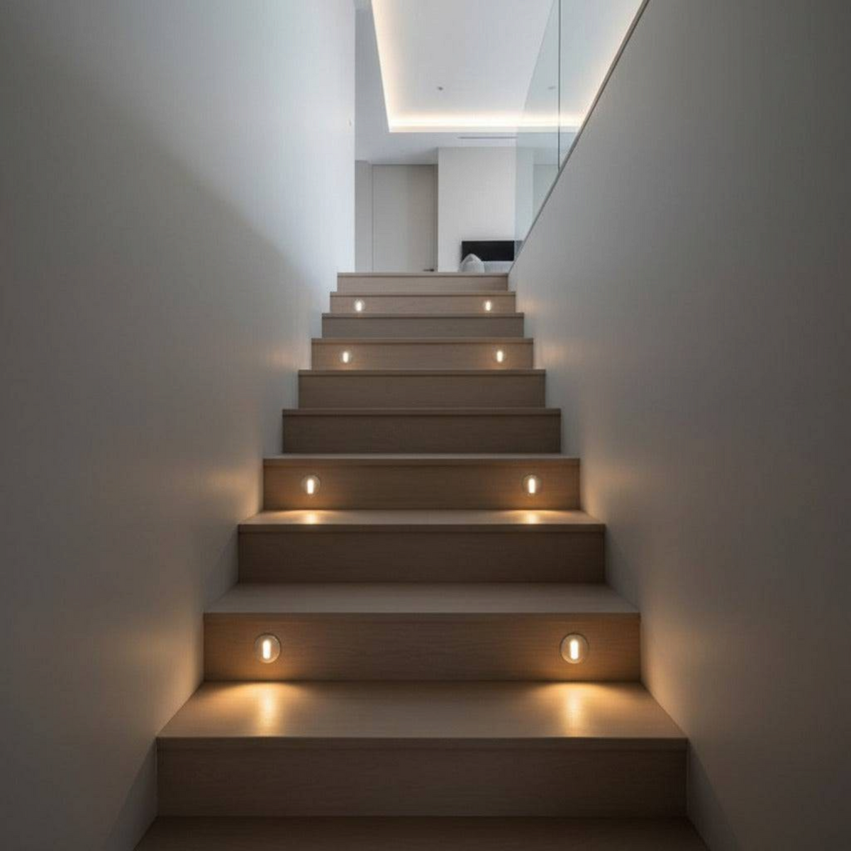 Ultra Beam Lighting Ltd round 1 watt recessed LED step lights installed on a modern wooden staircase interior