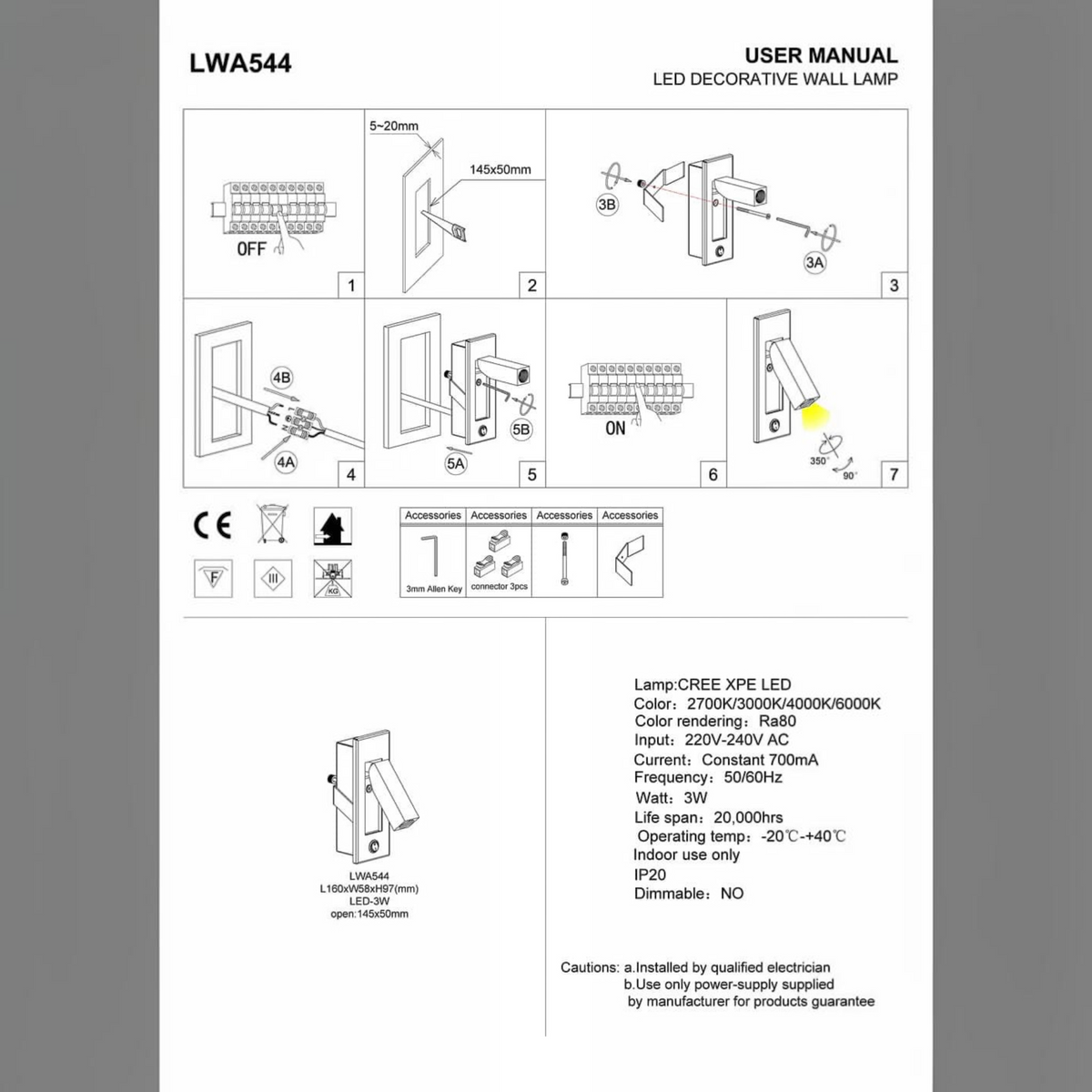 Ultra Beam Lighting Ltd LWA544 recessed reading light installation manual showing technical diagrams and specs