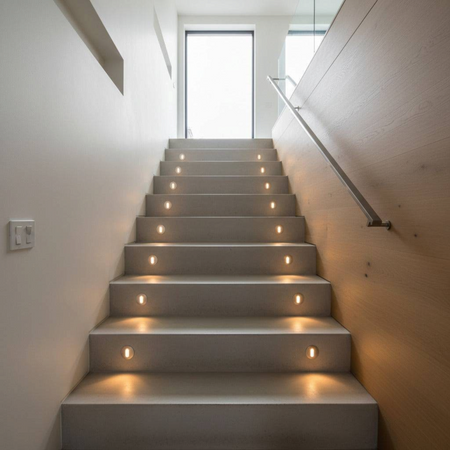 Ultra Beam Lighting Ltd round 1 watt recessed LED step lights installed on a modern indoor staircase