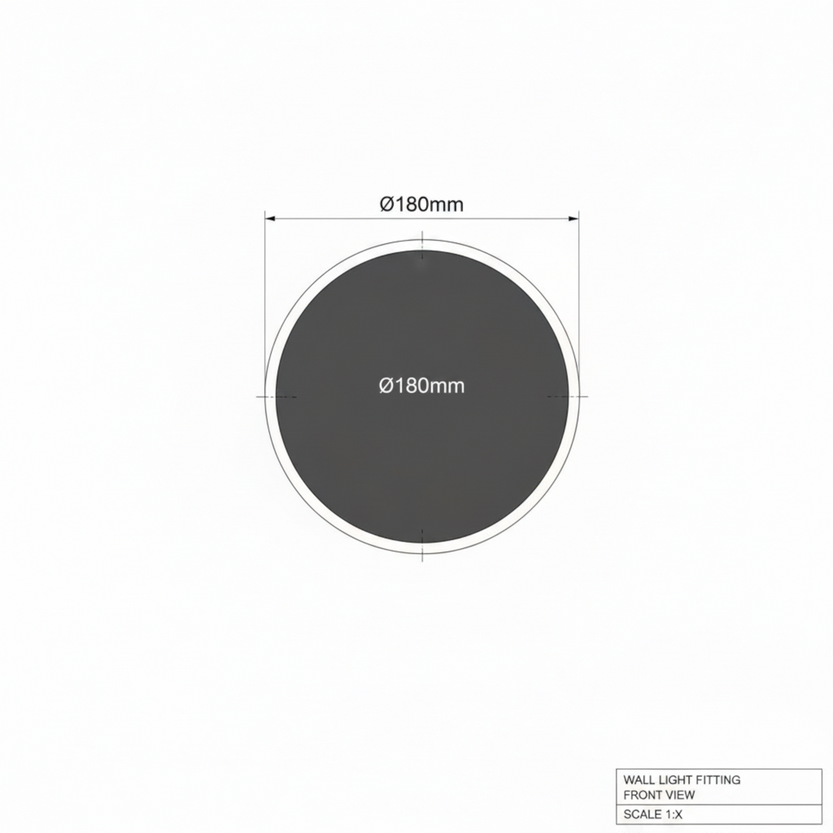 Ultra Beam Lighting Ltd 180mm round black bathroom sconce technical drawing showing front view dimensions