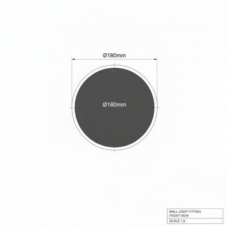 Ultra Beam Lighting Ltd 180mm round black bathroom sconce technical drawing showing front view dimensions