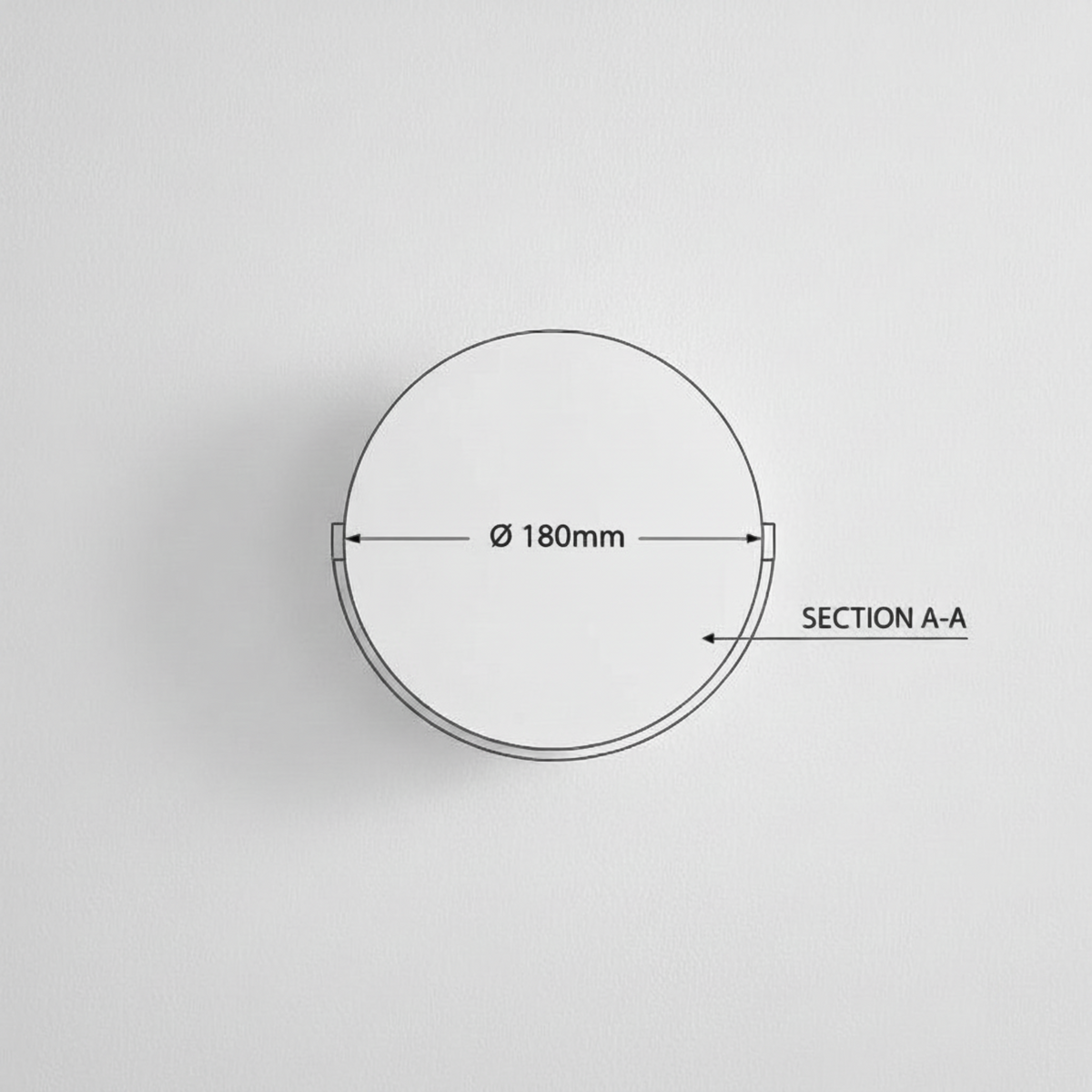 Ultra Beam Lighting Ltd round white bathroom wall sconce technical diagram showing 180mm diameter and section view