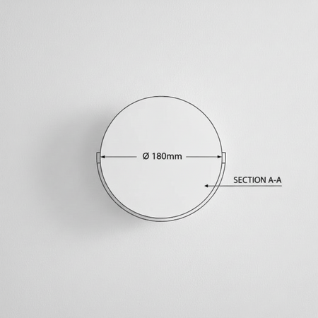 Ultra Beam Lighting Ltd round white bathroom wall sconce technical diagram showing 180mm diameter and section view