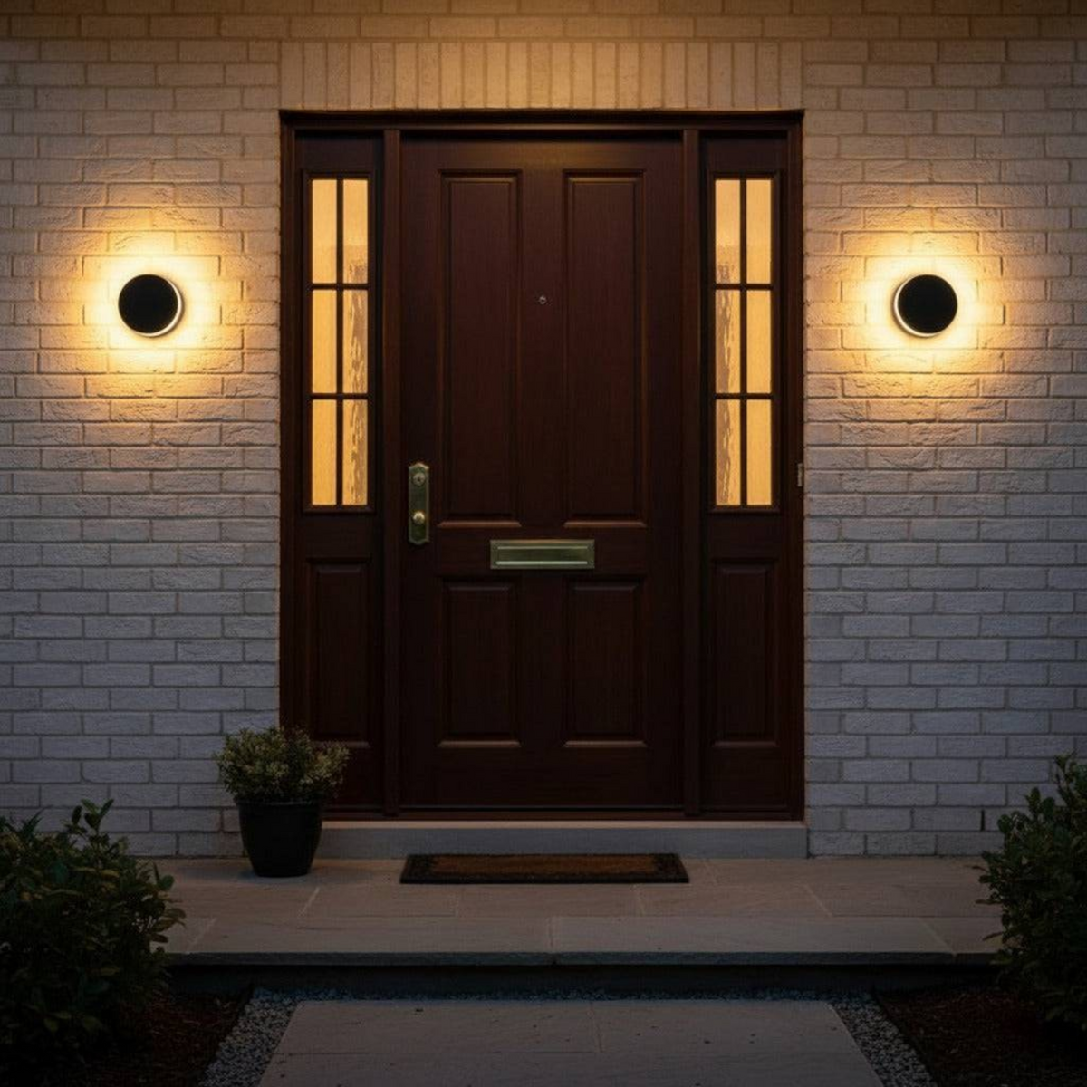 Ultra Beam Lighting Ltd round black LED outdoor wall lamps with a warm halo glow mounted on a brick house entrance.