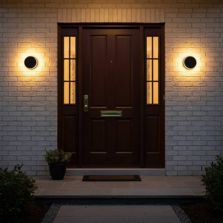 Ultra Beam Lighting Ltd round black LED outdoor wall lamps with a warm halo glow mounted on a brick house entrance.