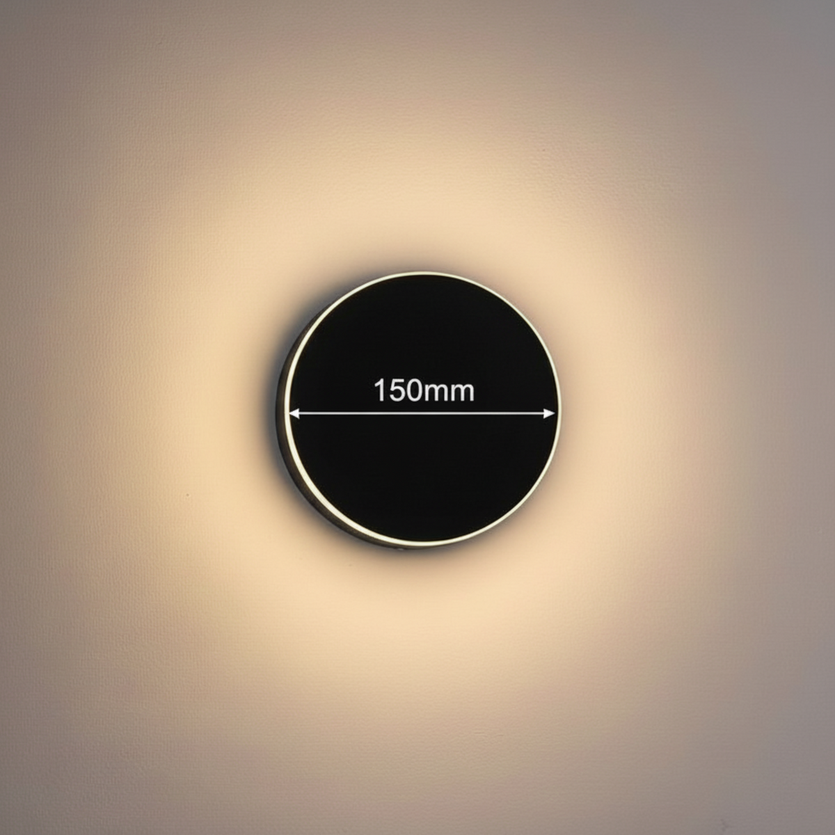 Ultra Beam Lighting Ltd 12W round black LED outdoor wall lamp with a 150mm diameter and warm halo glow effect.