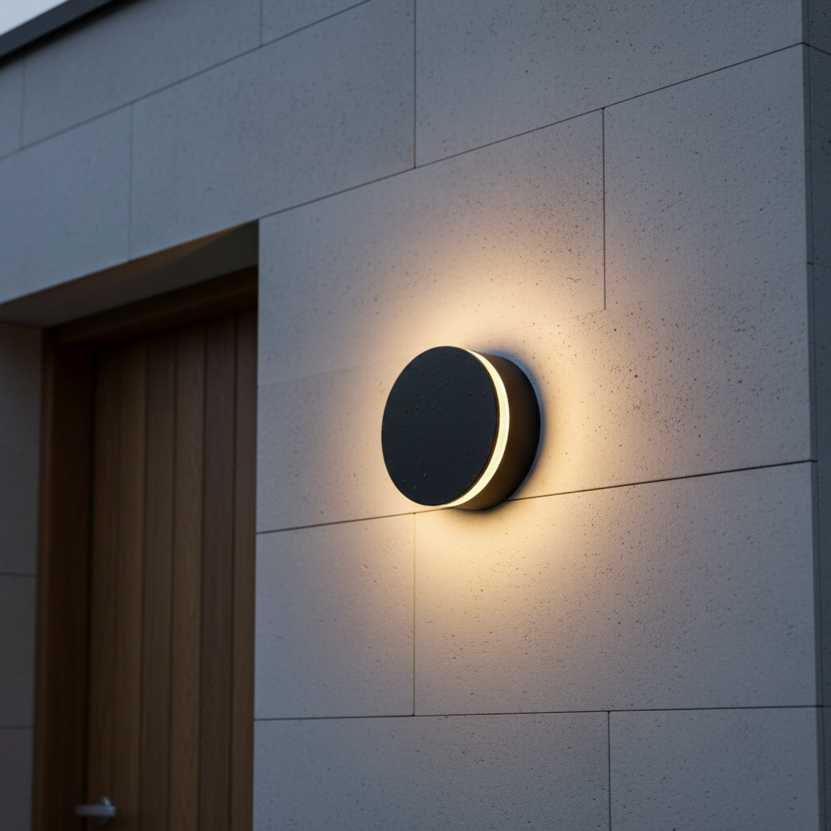 Ultra Beam Lighting Ltd round black LED outdoor wall lamp with a warm halo glow mounted on a modern stone exterior wall
