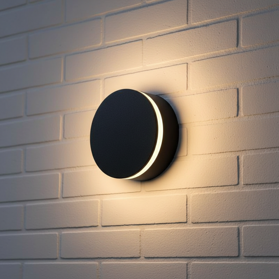 Ultra Beam Lighting Ltd 12W round black LED outdoor wall lamp with a glowing halo effect on a white brick wall.