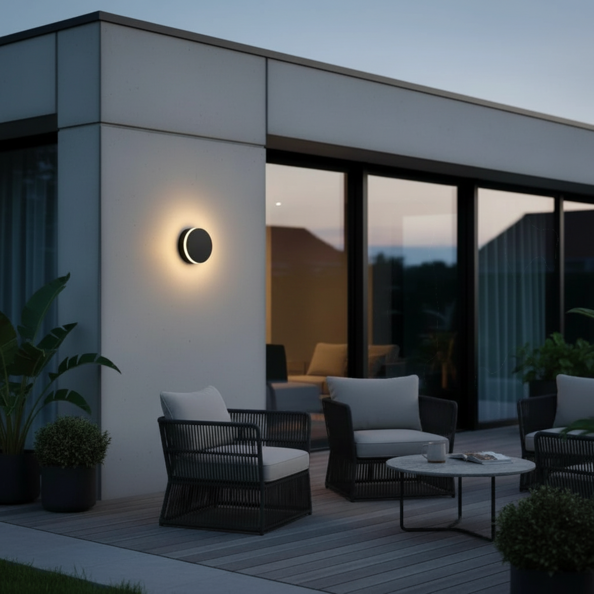 Ultra Beam Lighting Ltd round black LED outdoor wall lamp with halo glow mounted on a modern patio exterior wall.