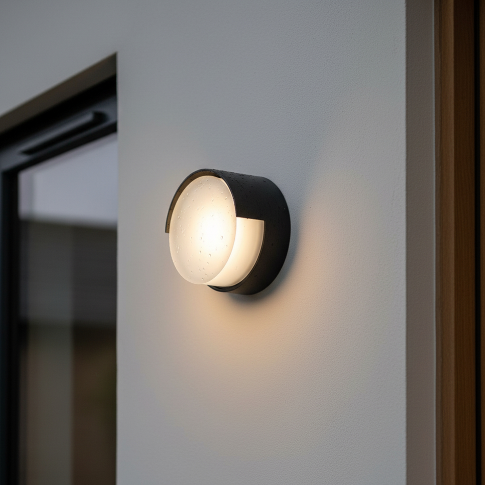 Ultra Beam Lighting Ltd 6W round black LED exterior wall light with opal acrylic diffuser mounted on a white wall