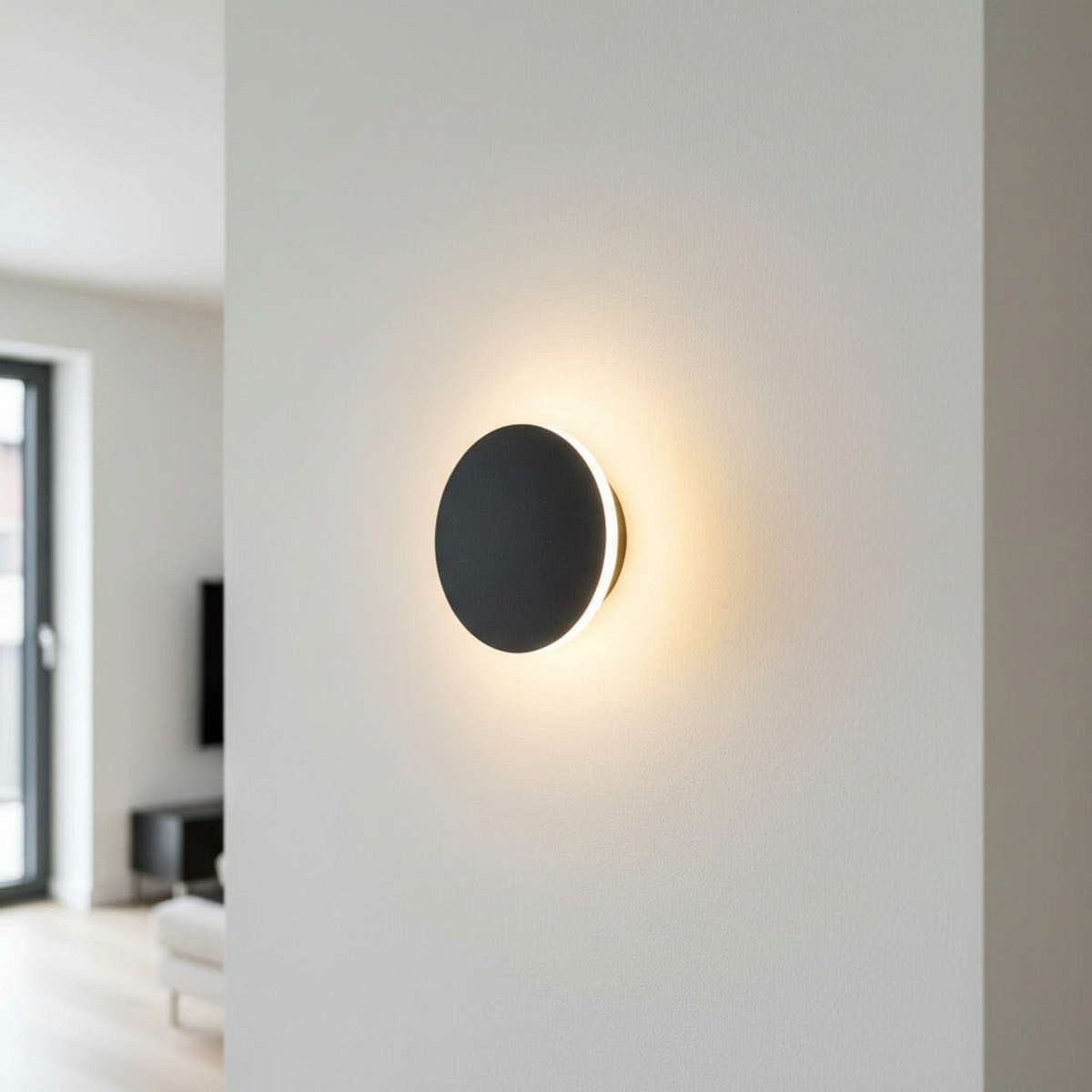 Ultra Beam Lighting Ltd modern round black wall sconce with glowing halo effect on a white interior wall