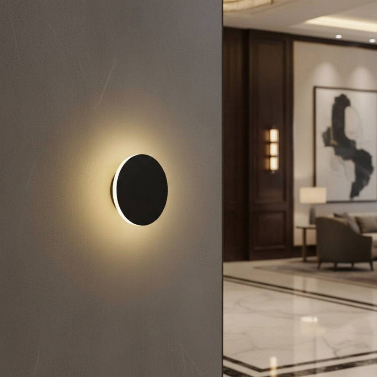 Ultra Beam Lighting Ltd round matte black LED wall sconce creating a warm halo effect on a modern interior wall