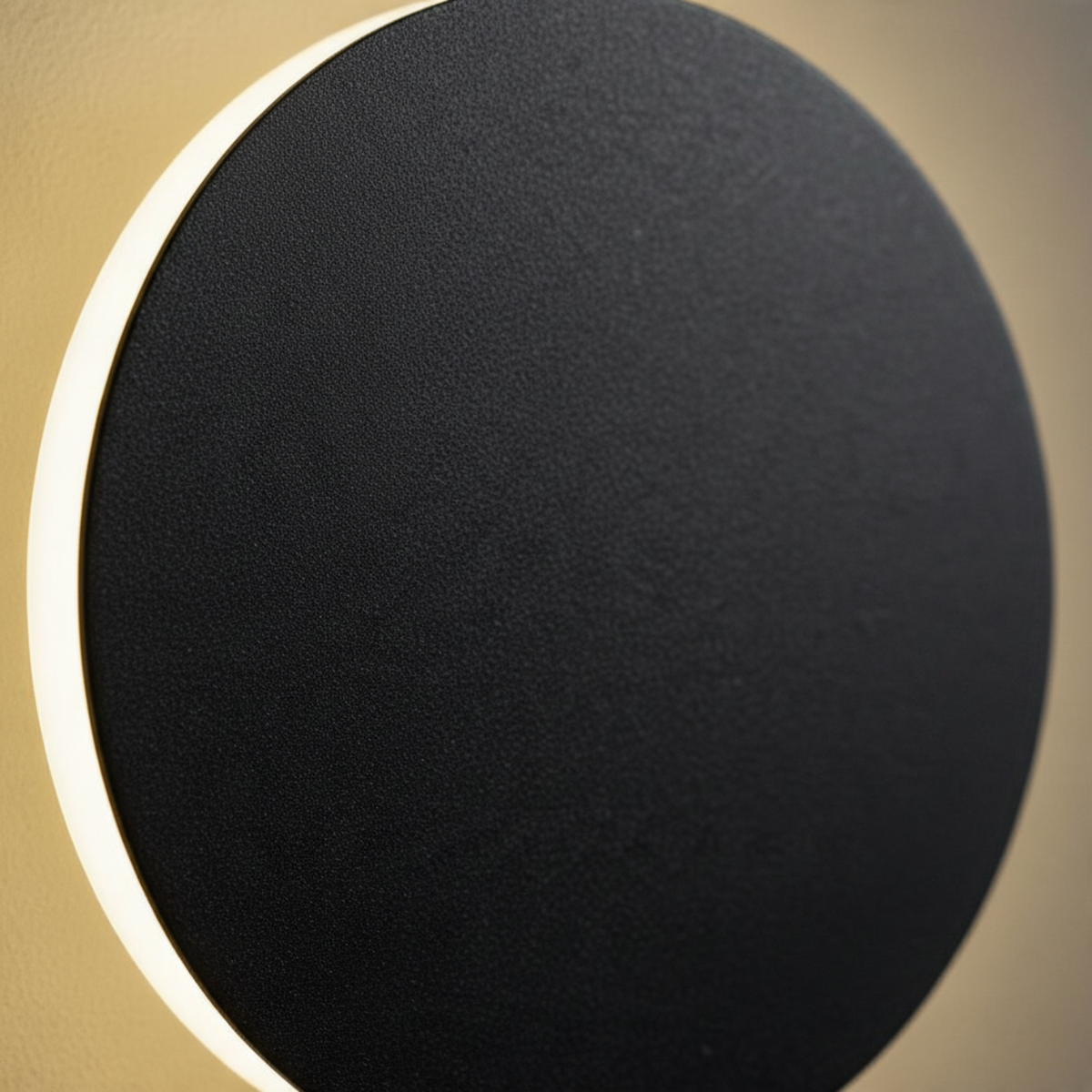 Ultra Beam Lighting Ltd round matte black LED wall sconce with an acrylic diffuser creating a soft halo light effect