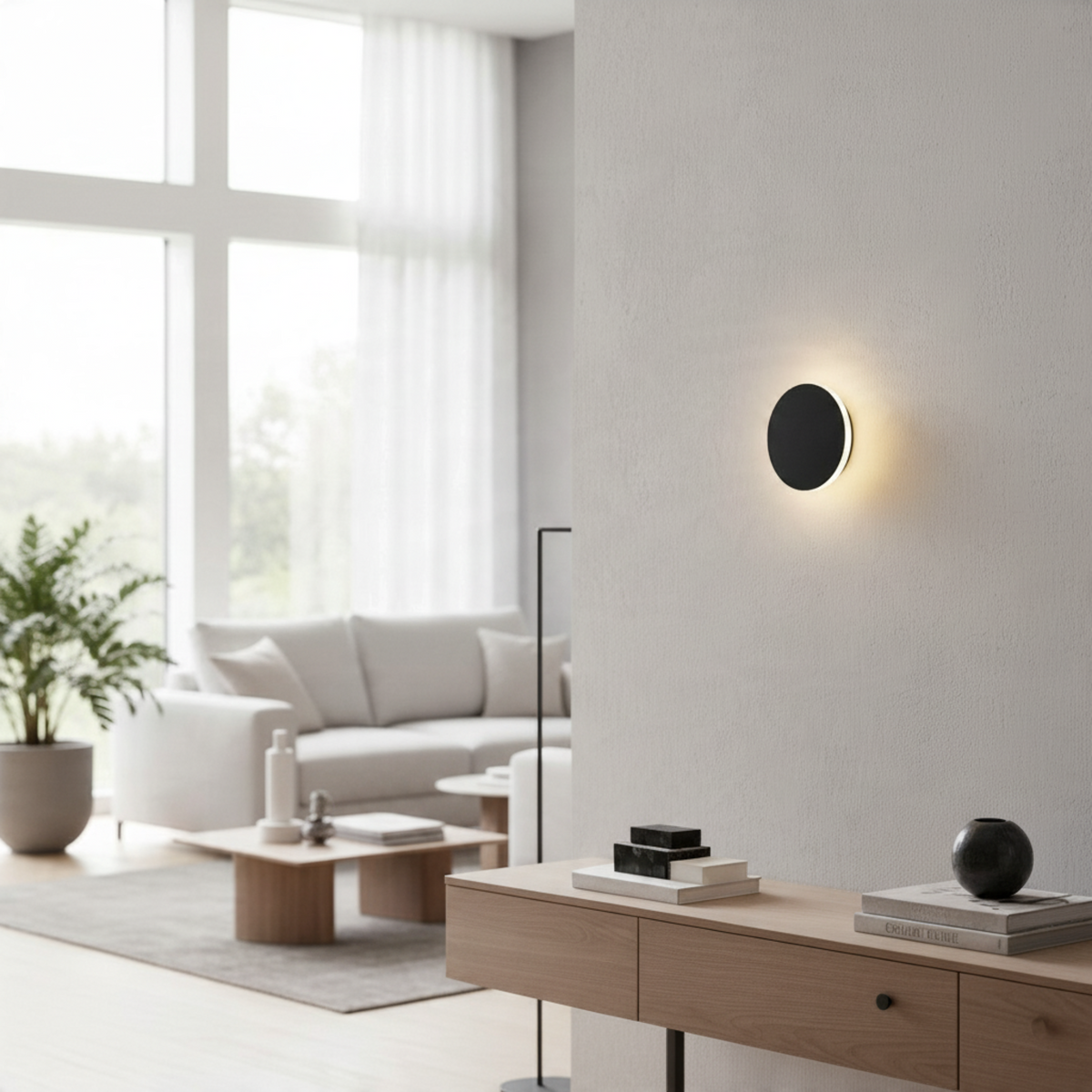 Ultra Beam Lighting Ltd round matte black LED wall sconce creating a warm halo light effect in a modern living room.