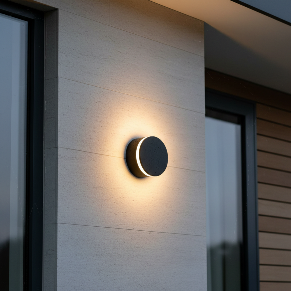Ultra Beam Lighting Ltd round black outdoor wall lamp with a warm white LED halo glow mounted on a stone exterior wall.