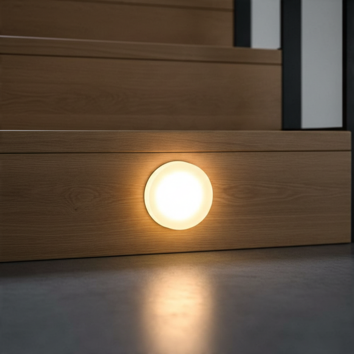 Ultra Beam Lighting Ltd round 1-watt recessed LED stair light with a soft sand-blasted acrylic diffuser in a wood step