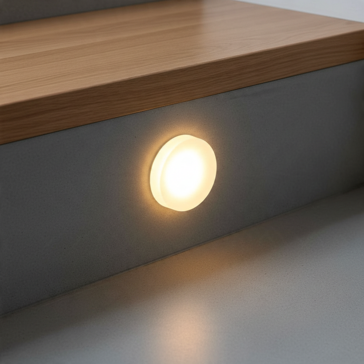 Ultra Beam Lighting Ltd round 1 watt recessed LED stair light with soft sand-blasted acrylic diffuser in warm white