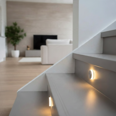 Ultra Beam Lighting Ltd round recessed LED stair light with polished aluminium finish glowing on a grey staircase