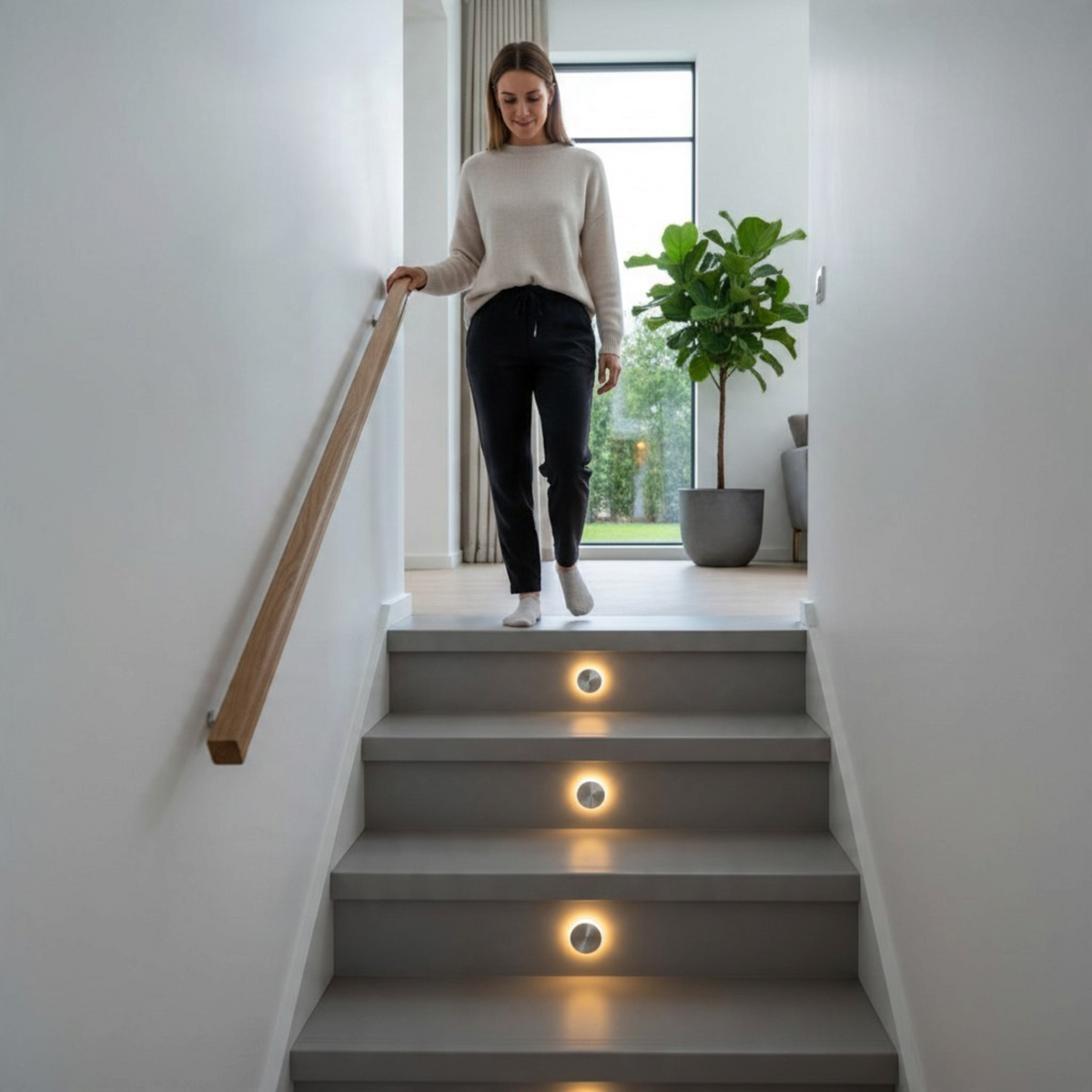 Ultra Beam Lighting Ltd round recessed LED step lights installed on grey staircase treads with a woman walking down
